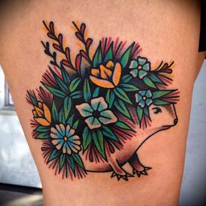 Hedgehog tattoo, artist unknown. #hedgehog #animal #flower #traditional