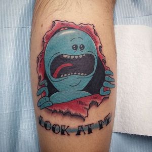 Mr Meeseeks REALLY wants you to look at him. Tattoo by @keith_tchc #RickAndMorty #Mreeseeks #cartoon #keith_tchc #skinrip