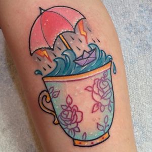 Storm in a teacup tattoo by Sam Whitehead. #storminateacup #umbrella #storm #teacup #tea #cup #wave #SamWhitehead #girly