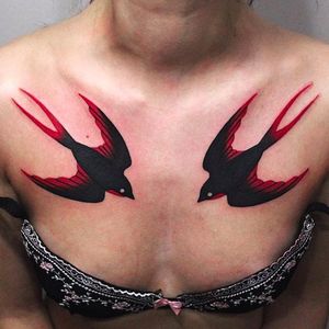 Two sparrows tattoo by @maradentattoo #maradentattoo #black #red #blackandredtattoo #oddtattoos #sparrow #bird