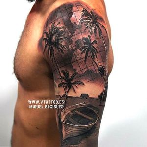 Incredible technique. You can tell a lot of Miguel's tattoo craftsmanship just by looking at photos of his work. #miguelangelbohigues #blackandgrey #beach #boat #palmtrees #islandlife