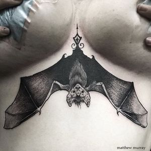 Blackwork bat tattoo by Matthew Murray. #MatthewMurray #BlackVeilStudio #bat #blackwork #horror #dark #dotwork #underboob