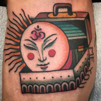 What is within. Tattoo by Kelu #Kelu #favoritetattoo #color #surreal #traditional #newschool #mashup #strange #suitcase #moon #om #symbol #light #travel #text #travel #love