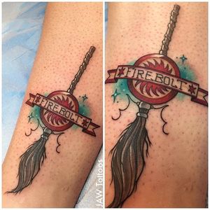Harry Potter tattoo by Jessica White. #JessicaWhite #jawtattoos #neotraditional #harrypotter #hp #book #movie #broom