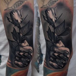 Hand holding a rose by James Artink. #hand #flower #rose #realism #blackandgrey #JamesArtink