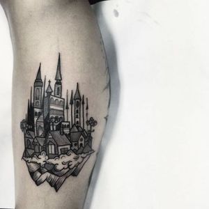 Blackwork structure tattoo by Benjamin Fly. #BenjaminFly #blackwork #town #architecture #structure #house #building #woodcut