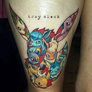 All of the Eeveelutions in one tattoo by Troy Slack (IG—prhymesuspect). #Eeveelution #Eevee #Pokémon #TroySlack
