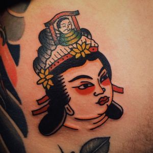 Geisha head tattoo by Boshka Grygoriew Alvy #BoshkaGrygoriewAlvy #Tibetan #Japanese #geisha #geishahead #traditional