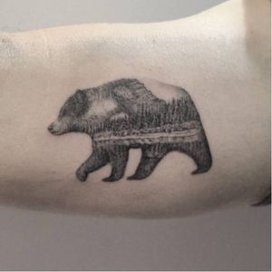 Bear tattoo by Lindsay April. #bear #dotwork #pointillism #subtle #LindsayApril #overlay #doubleexposure #scenery #forest #landscape