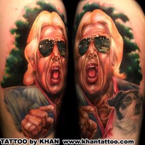 Ric Flair in the mile of one of his epic promos. Tattoo by Khan. #RicFlair #wrestling #Khan #realism #Portrait #colorrealism #colorportrait