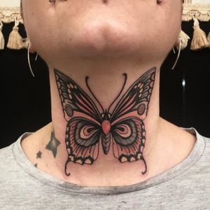 Butterfly neck tattoo by Vale Lovette #ValeLovette #color #neotraditional #Artnouveau #butterfly #wings #pattern #necktattoo #ornamental