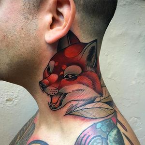 Beautiful fox tattoo on the neck done by Kike Esteras. #KikeEsteras #fox #necktattoo #neotraditional #coloredtattoo #animaltattoo