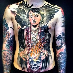 Priestess tattoo by Jurgen Eckel #JurgenEckel #neotraditional #lady #skull #crow