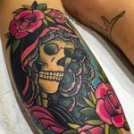 Death is looking over you. #TillyDee #traditional #bright #skeleton #skull #skeletontattoo