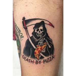 Grim reaper + pizza tattoo by Jeremy D. #grimreaper #traditional #pizza #pizzagang #food #pizzalover