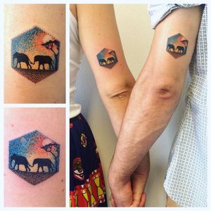 Matching tattoo by Sonia Tessari #SoniaTessari #smalltattoo #popart #glitter #matching #elephant #africa
