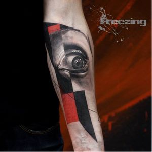 Eye tattoo by Denis Moskalev #DenisMoskalev #graphic #realism #trashpolka #redink #blackwork #eye