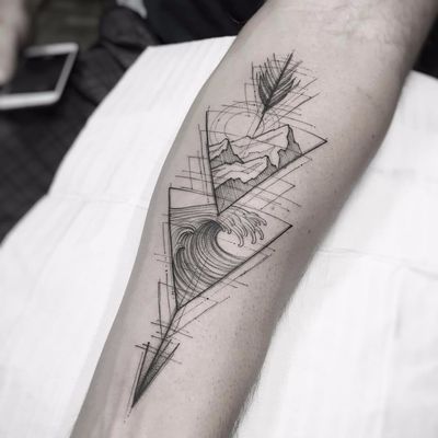 The elements we love by William Marin #WilliamMarin #blackwork #linework #abstract #illustrative #fineline #arrow #dotwork #mountains #ocean #wave #triangle #landscape #nature #tattoooftheday