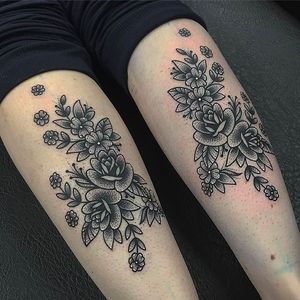 Pretty dotwork florals on thighs by Stacey Green #Floral #Blackwork #Dotwork #StaceyGreen