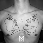 Single line symmetrical faces tattoo by Mo Ganji. #MoGanji #minimalist #singleline #continuousline #portrait #face #symmetry
