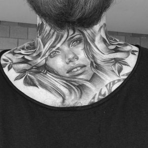 Woman throat tattoo by Karlee Sabrina. #realism #blackandgrey #throattattoo #woman #flower #KarleeSabrina