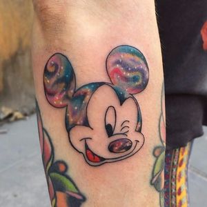 Mickey Mouse tattoo with space colors by jflannel on Instagram. #galaxy #trippy #classic #disney #retro #mickeymouse #cartoon #vintage