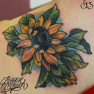 Sunflower in bloom and facing east. Tattoo by Teague Mullen. #sunflower #flower #Teague Mullen #traditional #neotraditional