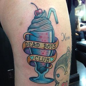 Milkshake tattoo by Shane Copeland. #newschool #neotraditional #banner #milkshake #ShaneCopeland #lettering