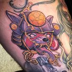Red panda tattoo by Jacob Wiman #JacobWiman #color #Japanese #neotraditional #mashup #redpanda #panda #samurai #helmet #rope #spit #warrior #fierce