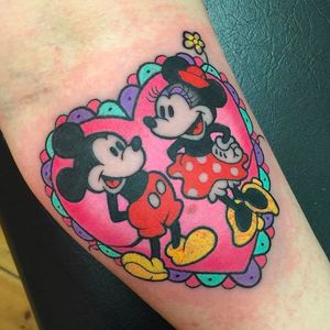 Sweet Mickey and Minnie Tattoo by Sarah K @SarahKTattoo #SarahKTattoo #SouthAustralia #Neotraditional #Colorful #Pop #bright_and_bold #Neotraditionaltattoo