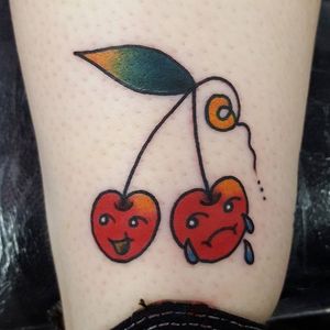 When all the cherry days in August are over, you go from happy to sad. Tattoo by Willie Butcher. #cherry #traditional #fruit #cute #WillieButcher
