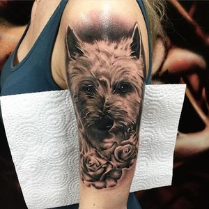 Black and grey dog and roses tattoo by Chris Block. #blackandgrey #realism #rose #dog #petportrait #ChrisBlock