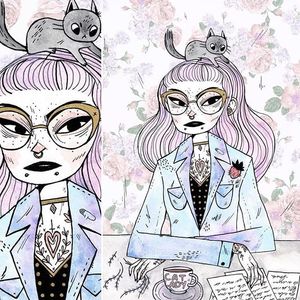 Tattooed cat lady illustration by Heather Mahler. #HeatherMahler #illustration #art #tattooart #tattooedwomen #girls #watercolor #catlady
