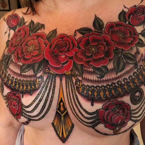 Rose mastectomy coverup by Rose Hardy #RoseHardy #newtraditional #color #jewelry #ornamental #skull #leaves #flower #rose #keyhole #dotwork #linework #pearls #rope #roses #teardrop #tattoooftheday