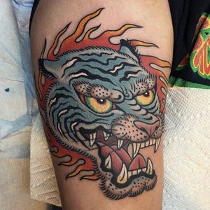 Traditional tiger by Gregory Whitehead #GregoryWhitehead #traditional #color #tiger #flame #tattoooftheday