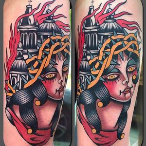 Burning church and crowned lady with thorns, tattoo by Francesco Garbuggino @fra_inkroll_tattoo #FrancescoGarbuggino #Neotraditional #Gypsy #Girls #Girl #Lady #burning