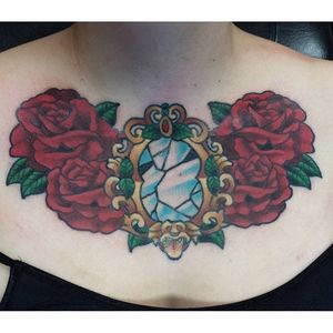 Beauty and the Beast tattoo by Christopher Hall. #beautyandthebeast #disney #fairytale #rose #mirror
