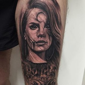 This tattoo by Anrijs Straume is Born to Die. #AnrijsStraume #darkwork #dark #portrait #celebrities #LanaDelRey #blackandgrey #popculture #darktrashrealism