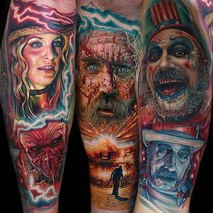 A badass The Devil's Rejects sleeve by Mario Hartmann (IG—mario_hartmann_tattooist). #color #MarioHartmann #portraiture #realism #TheDevilsRejects