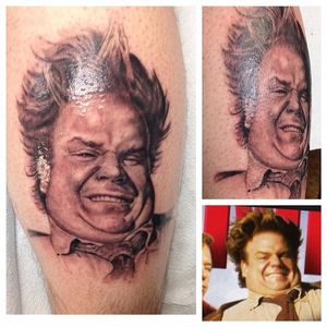 Chris Farley as Tommy Callahan in 'Tommy Boy'. Black and grey portrait tattoo by Jay Cunliffe. #ChrisFarley #BlackSheep #TommyCallahan #JayCunliffe #blackandgrey #portrait