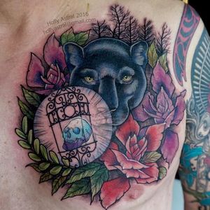 Beautiful tattoo by Holly Astral #flowers #panther #skull #flower