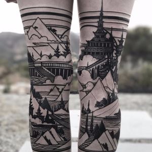 Legs of lines by Castlebasas #Castlebasas #thievesoftower #blackwork #linework #castle #pagoda #stairs #landscape #ocean #mountains #land #architecture #legsleeve #trees #boat #ship #world #city #tattoooftheday