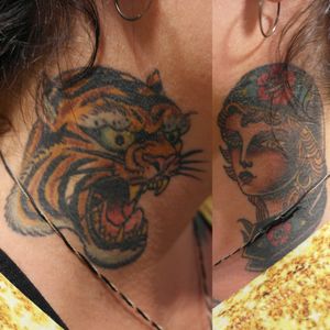 Awesome traditional neck pieces #traditional #tiger #lady #neck #Copenhagen #rollerderby #tattooedathletes