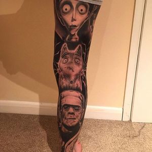 A light-hearted horror leg-sleeve by Kyle "Egg" Williams (IG— egg_ink). #blackandgrey #Frankenweenie #Frankensteinsmonster #KyleEggWilliams #portraiture #horror #timburton #halloween