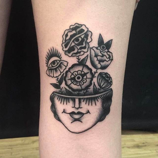 Floral head tattoo on the shin  Tattoogridnet