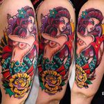 Masterfully done mermaid half sleeve tattoo by Eddie Czaicki. #eddieczaicki #traditionaltattoo #rose #mermaid #nauticaltattoo