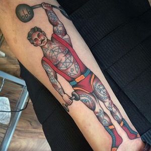 Weightlifter tattoo by Sarah Kaltenhauser. #traditional #weightlifting #weightlifter #olympian #sports #olympics