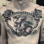 Pharaoh's Horses tattoo by David Armacost #DavidArmacost #horsetattoos #blackandgrey #traditional #pharaohshorses #horses #animal #nature #roses #leaves #rope #frame #chestpiece