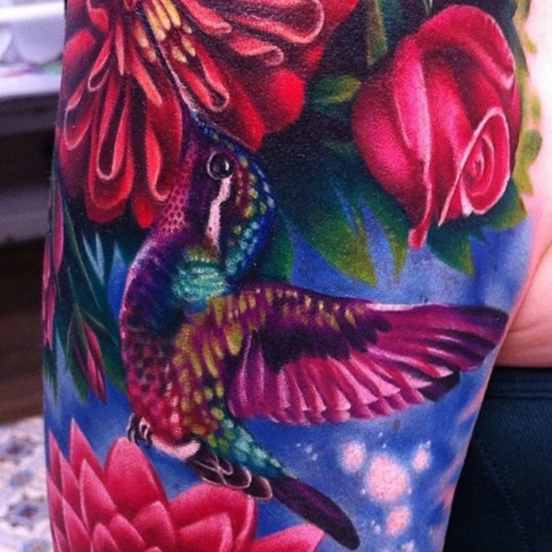 Realistic black and gray rose with hummingbird tattoo Scott Grosjean Art  Junkies Tattoo by Scott Grosjean TattooNOW