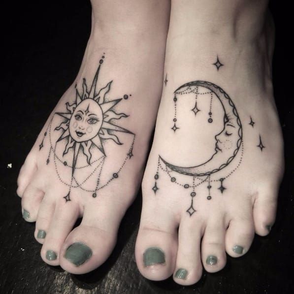 sun and moon matching feet tattoos mandala spiritual  Round the World  Magazine